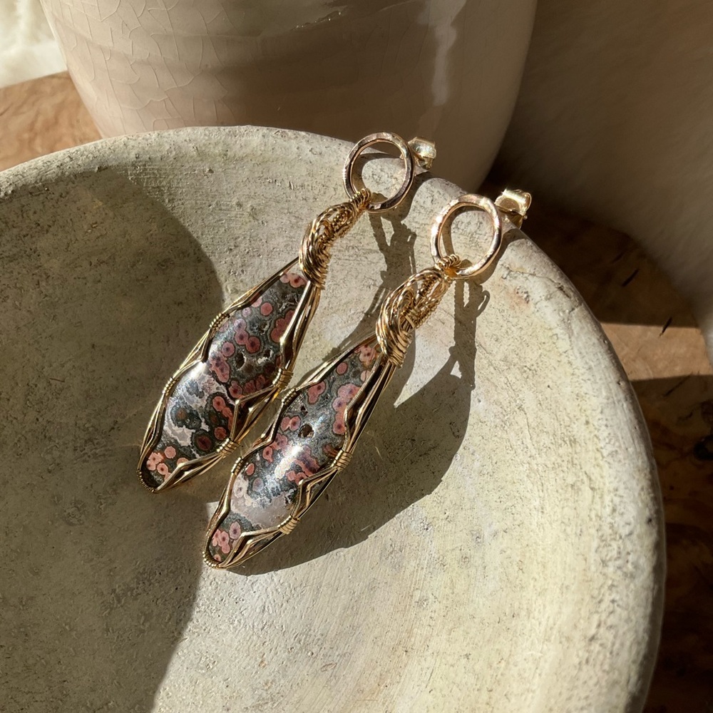 SOLD - 14k Gold Filled Madagascar Ocean Jasper Healing Stone Earrings - Picture 9 of 14